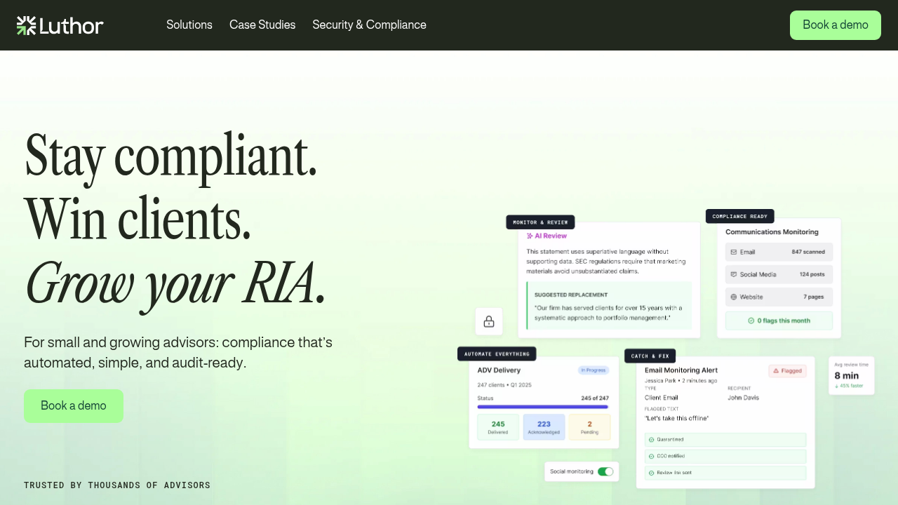 Luthor platform homepage showing AI review, communications monitoring, and compliance dashboard for RIAs