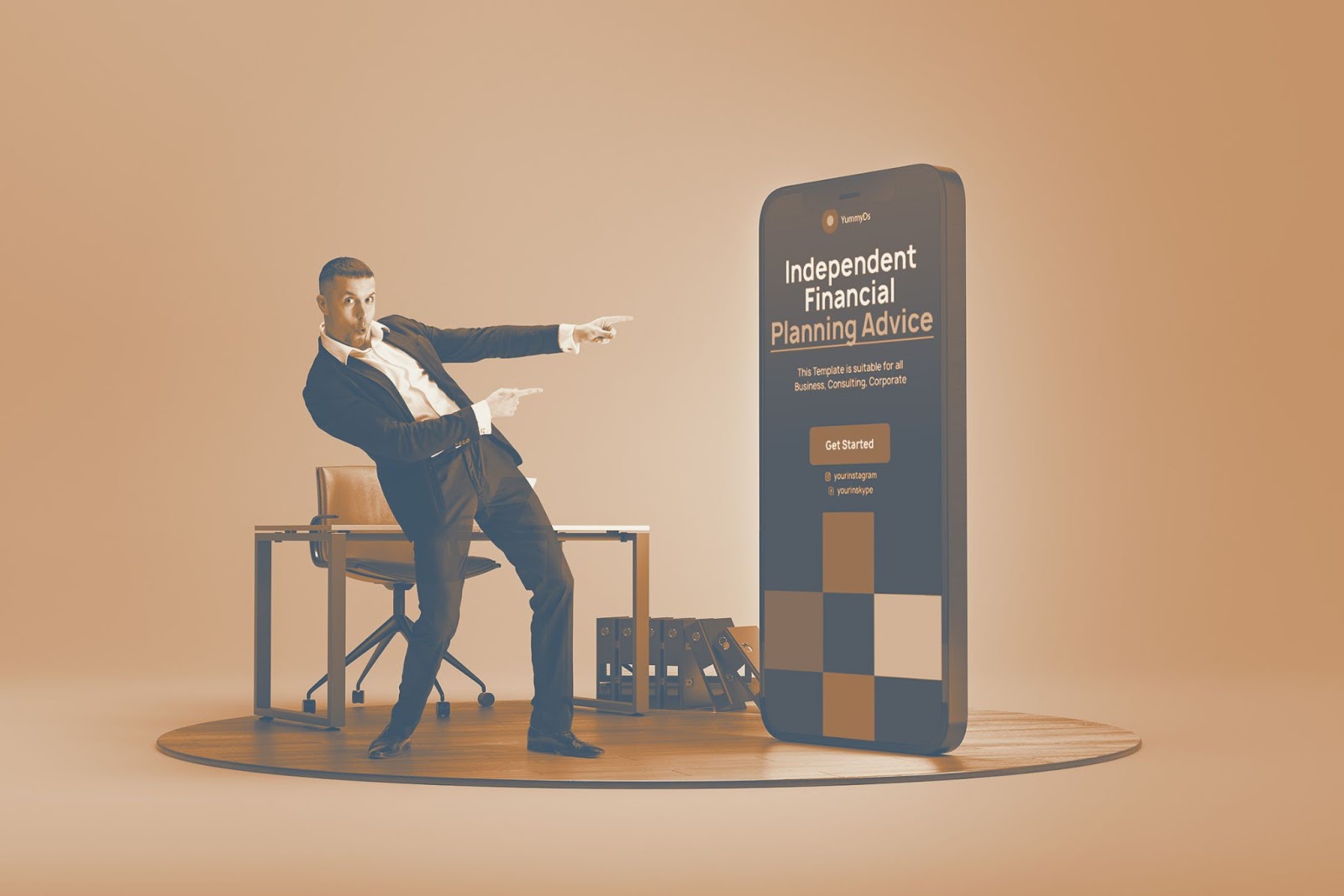 Businessman pointing at an oversized smartphone displaying a financial planning advice app mockup