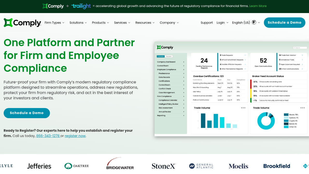 COMPLY website homepage showing their compliance platform dashboard with trade requests and certifications