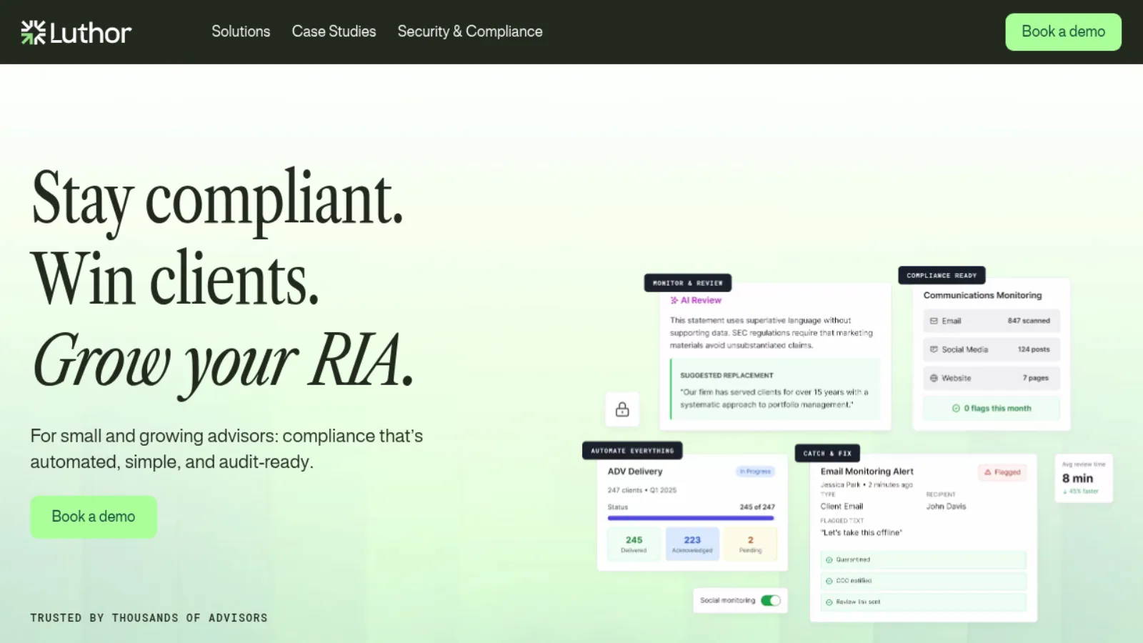 Luthor website homepage showing AI-powered compliance review, communications monitoring, and ADV delivery features
