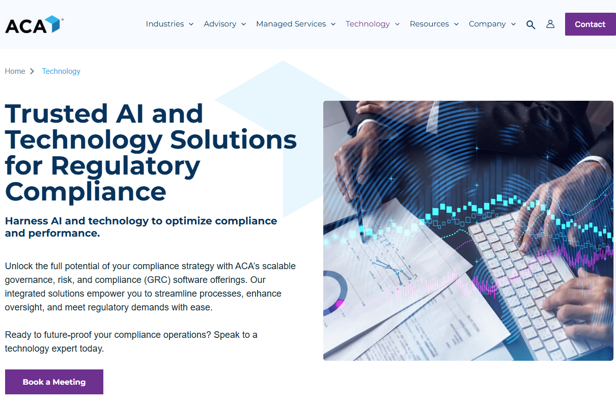ACA Group technology page promoting AI and compliance software solutions with hands analyzing digital charts