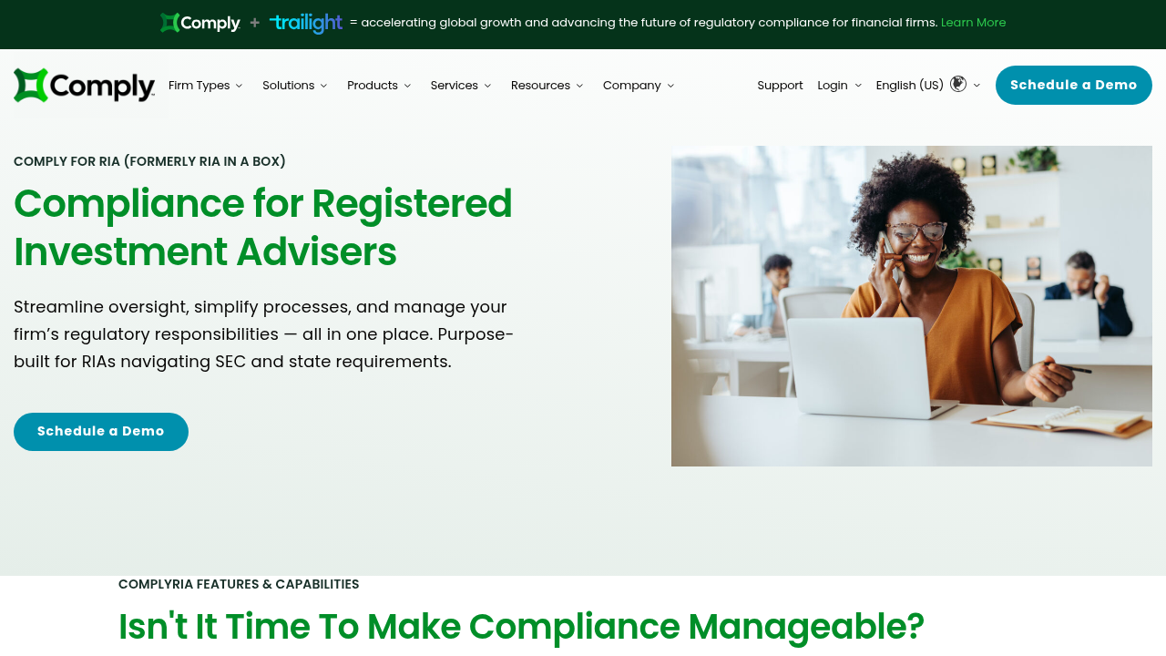 COMPLY for RIA page showing compliance features for registered investment advisers with a smiling advisor at laptop