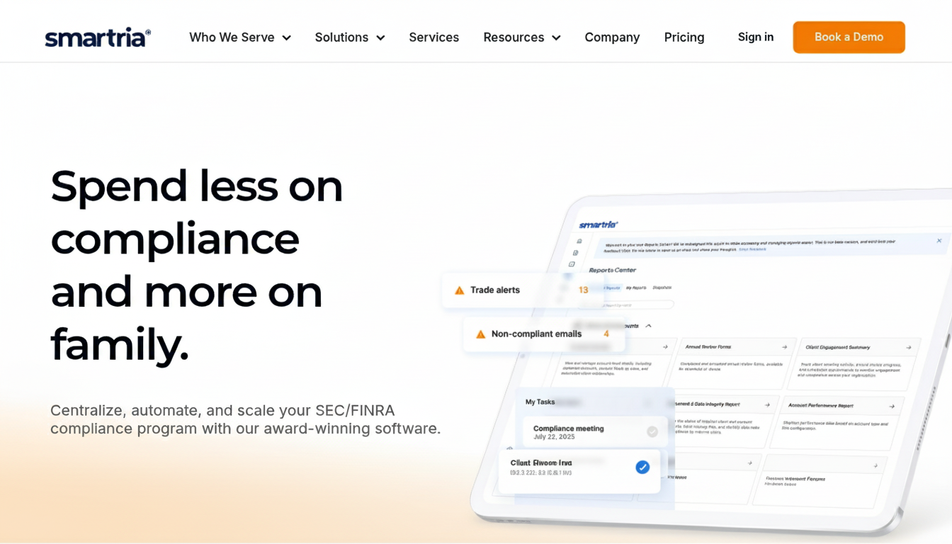 Smartria homepage promoting SEC and FINRA compliance automation with reports center and task management