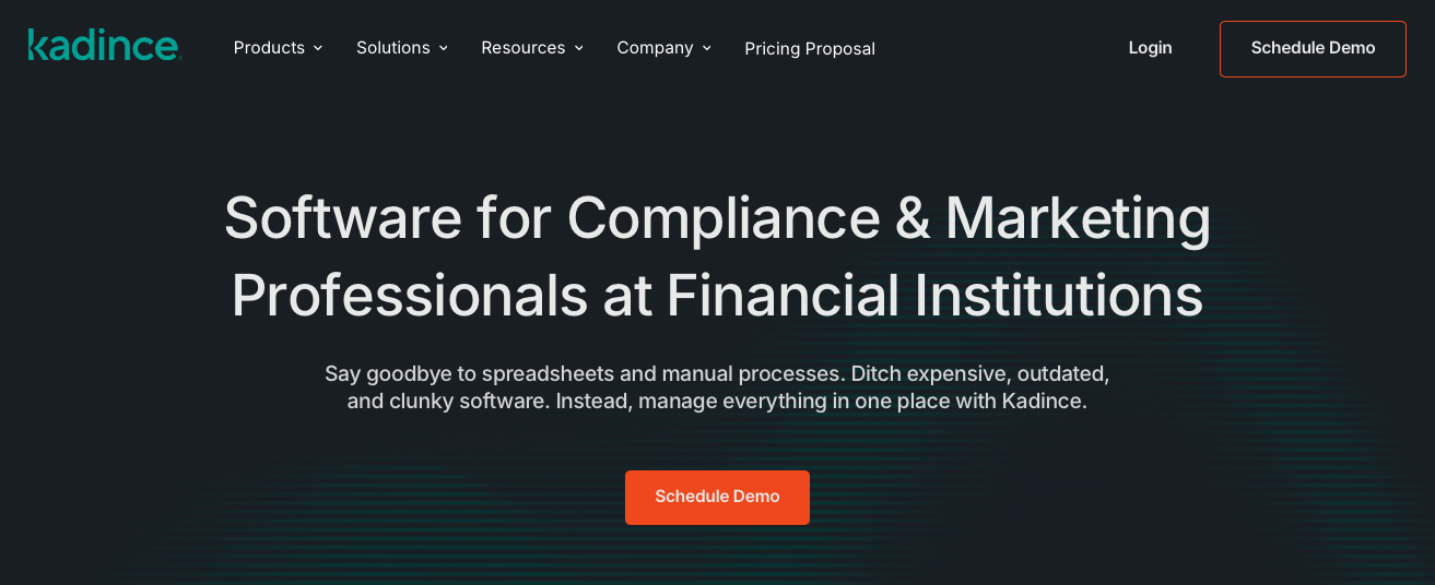 Kadince homepage promoting compliance and marketing software for financial institutions