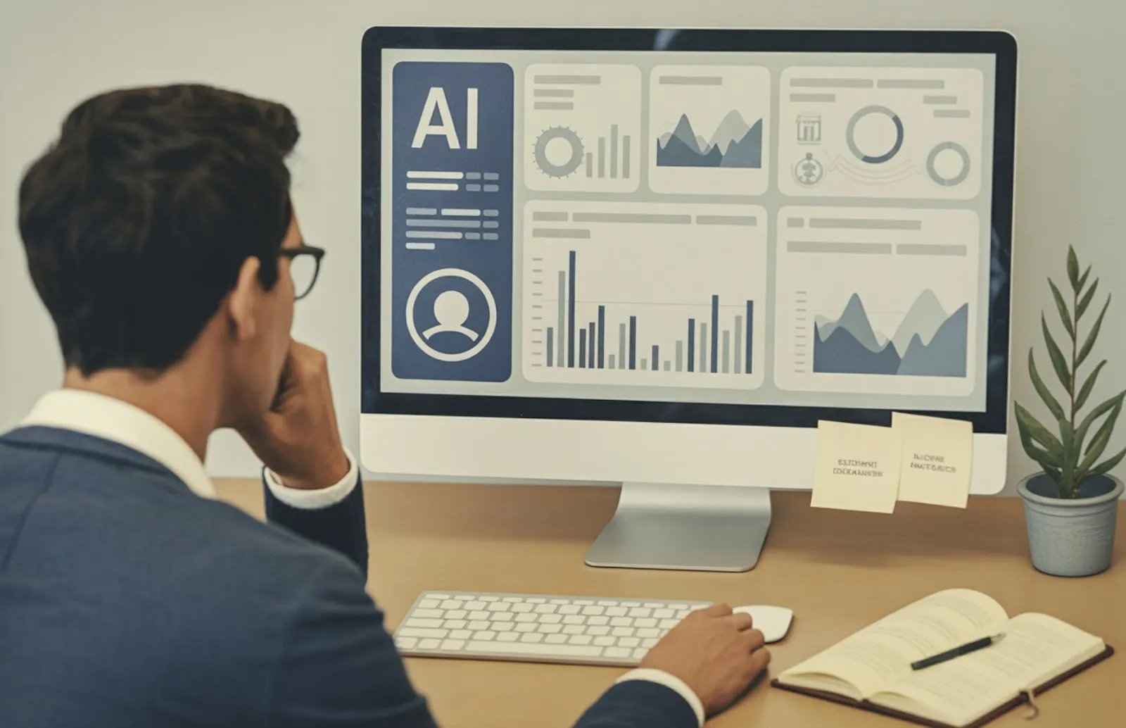 Professional viewing an AI-powered analytics dashboard with charts and user data on desktop monitor