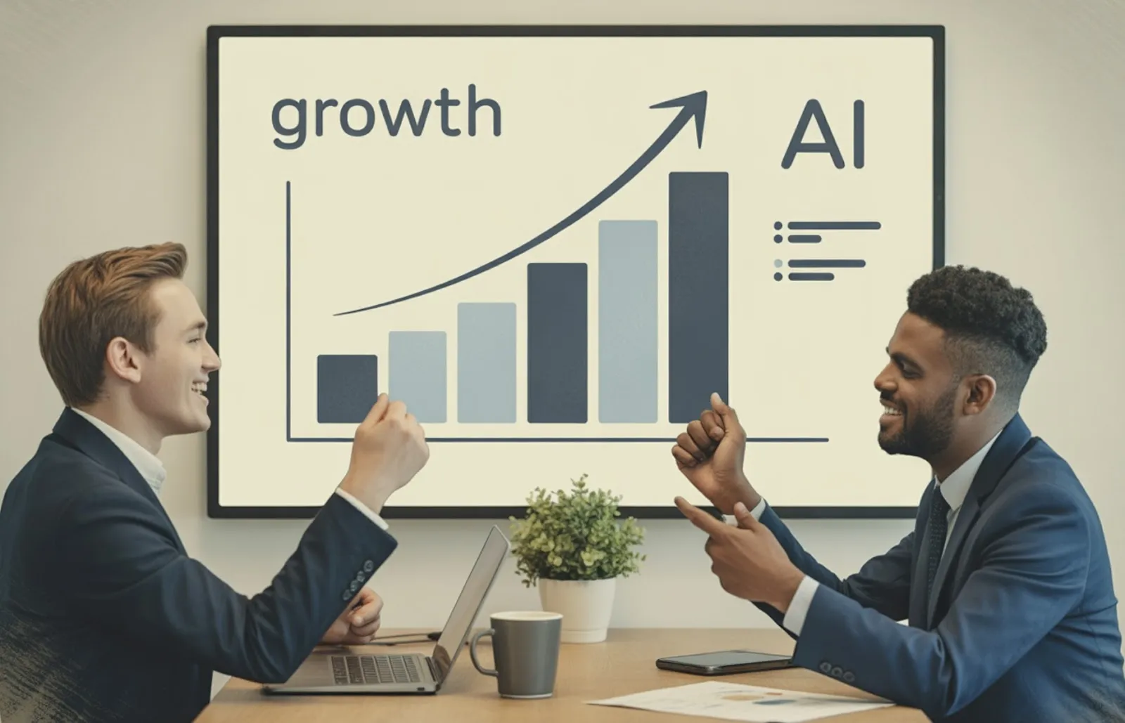 Two professionals celebrating in front of a whiteboard showing AI-driven growth bar chart