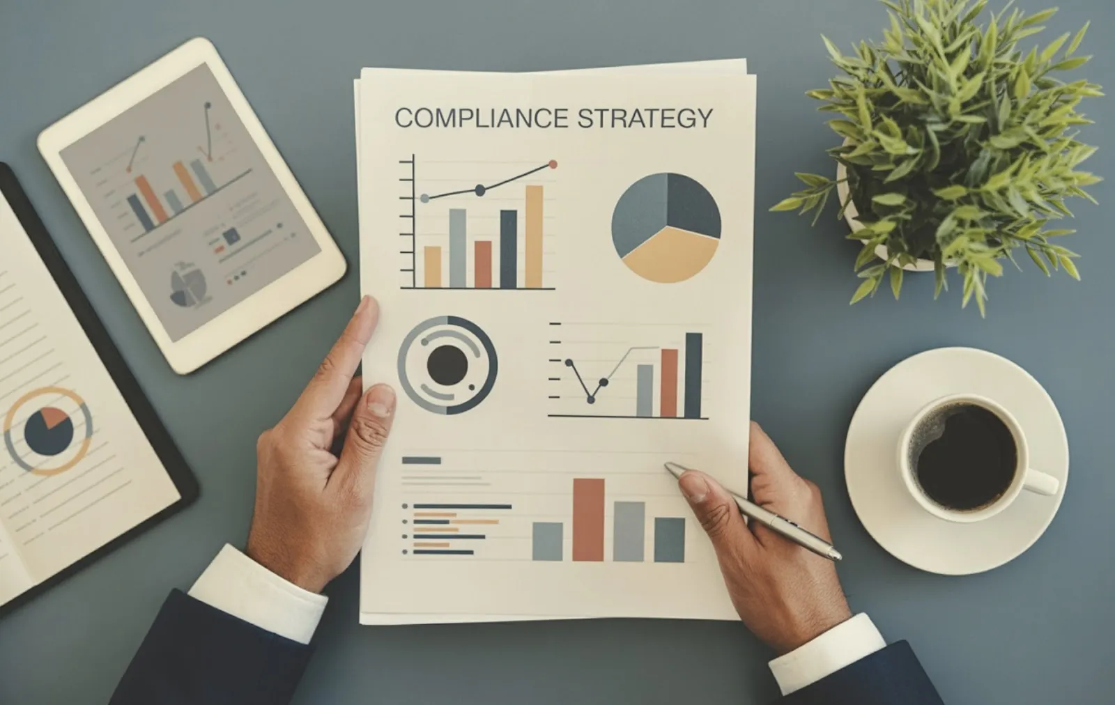 Hands holding a compliance strategy report with bar charts and pie graphs on a desk with coffee and tablet