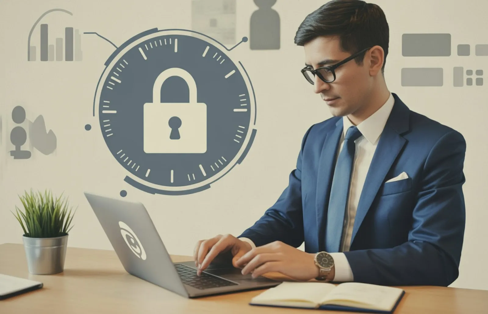 Businessman working on laptop with a large security padlock icon and data charts in the background