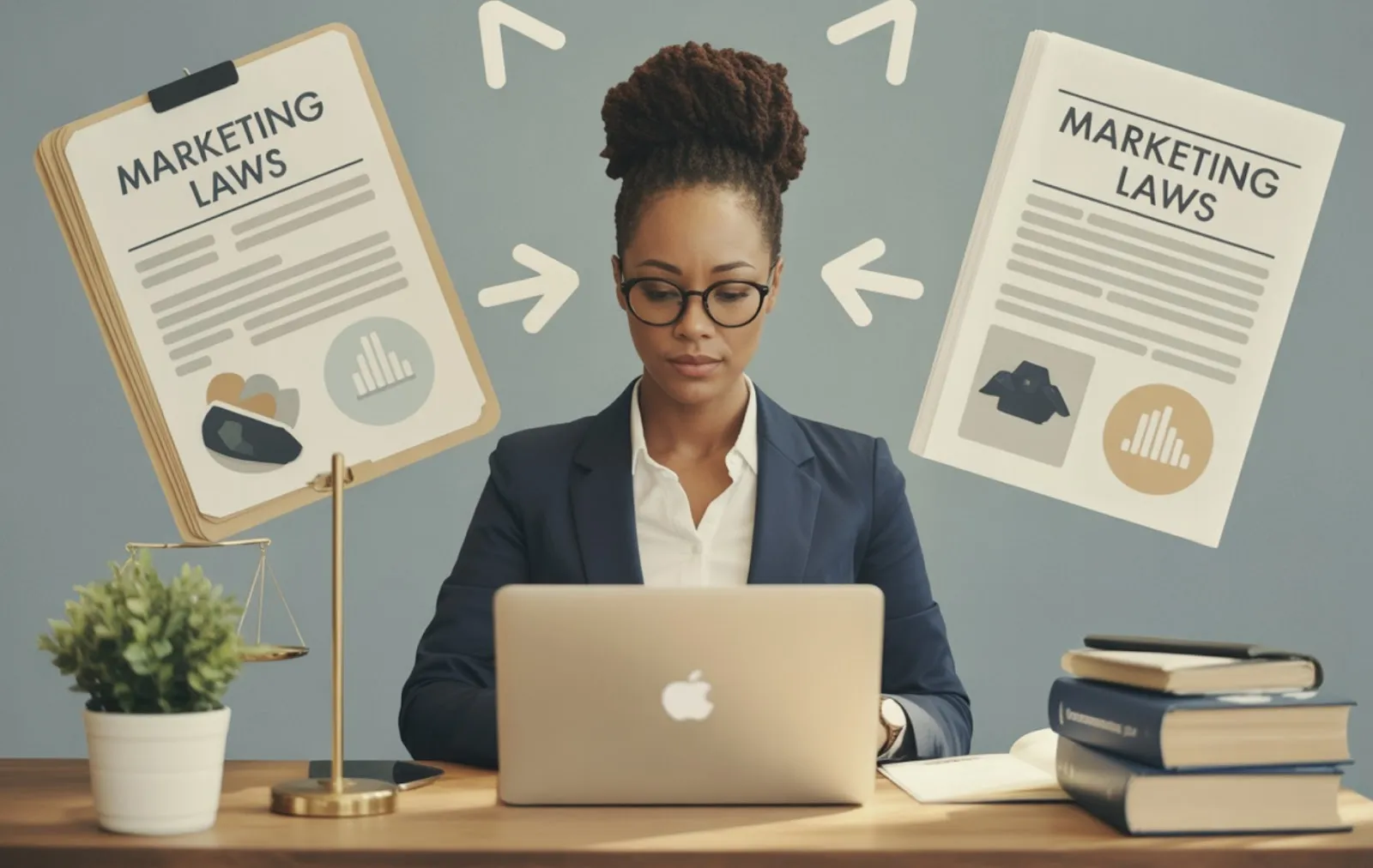 Professional reviewing marketing laws and compliance documents on a laptop