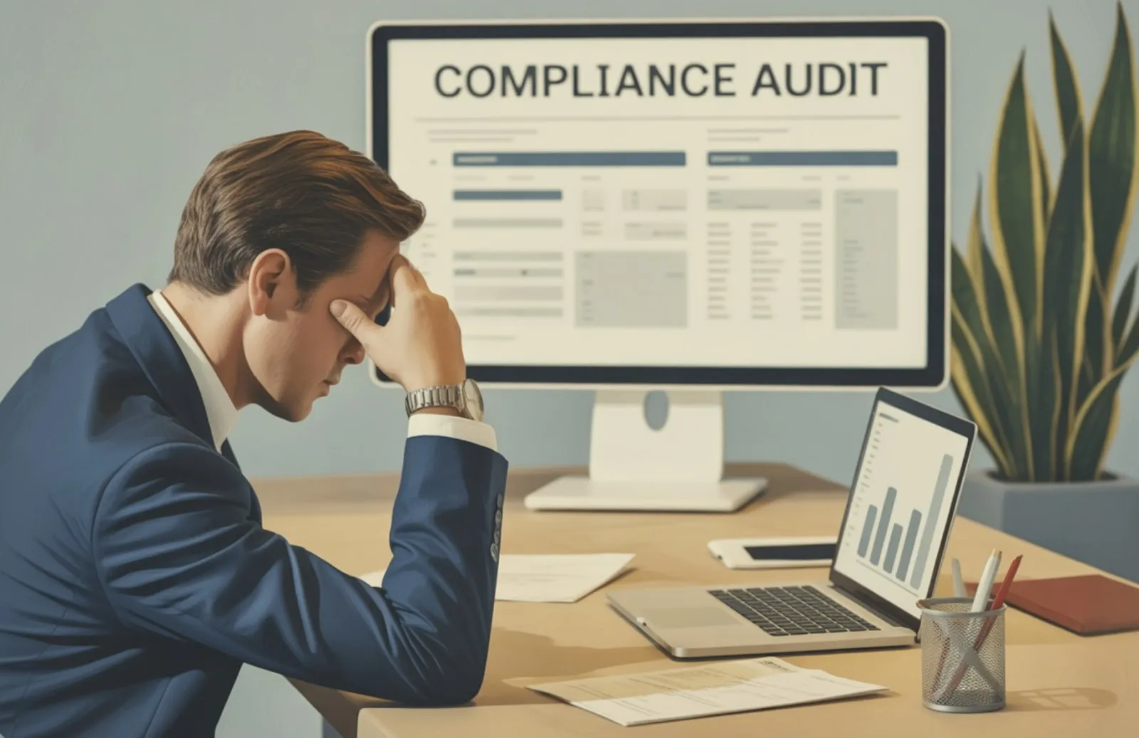 Compliance officer reviewing a marketing audit dashboard for policy violations