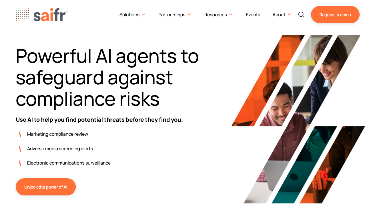Saifr homepage featuring AI agents for compliance risk management with marketing review capabilities