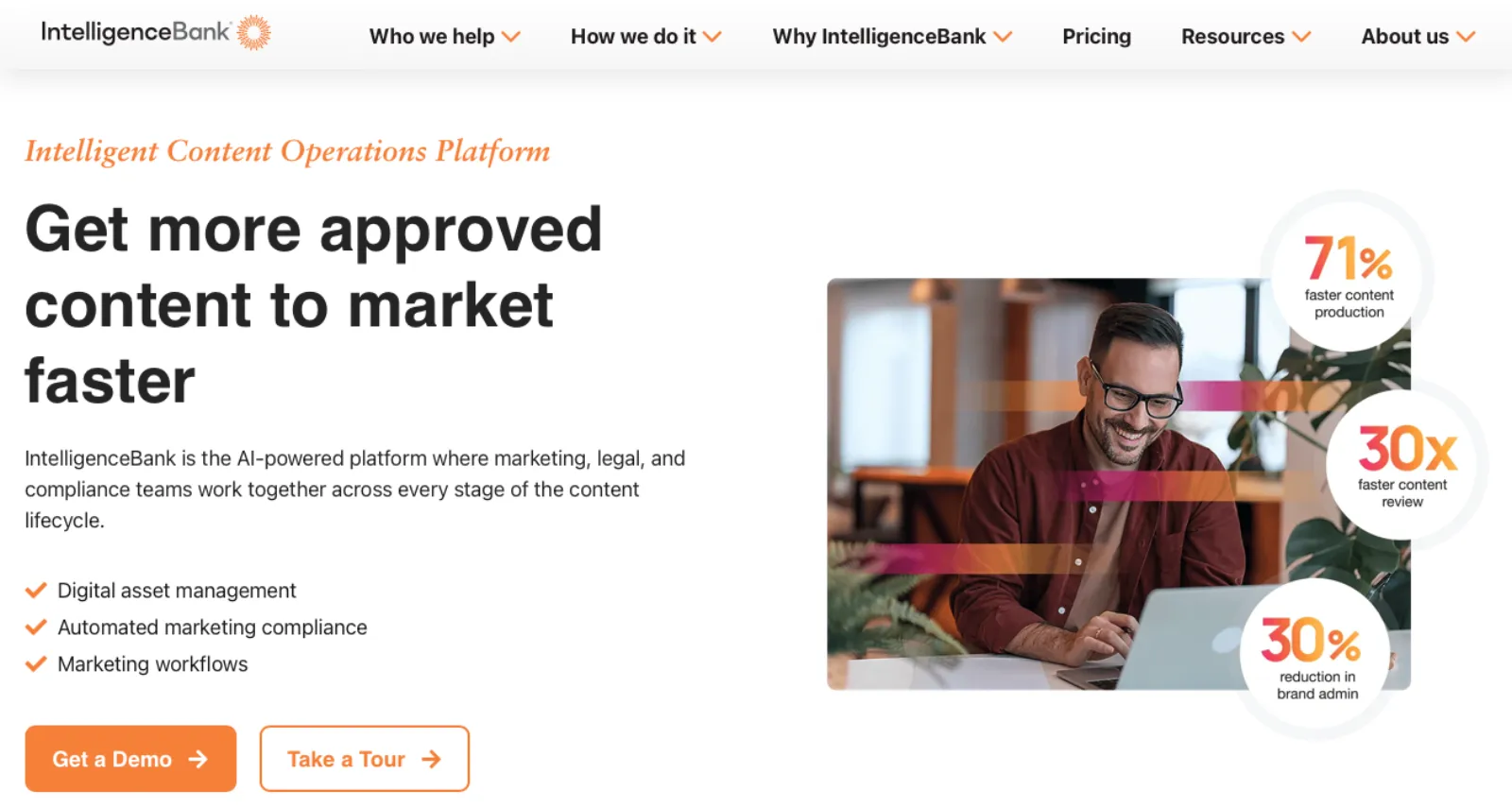 IntelligenceBank homepage promoting AI-powered content operations with compliance review metrics