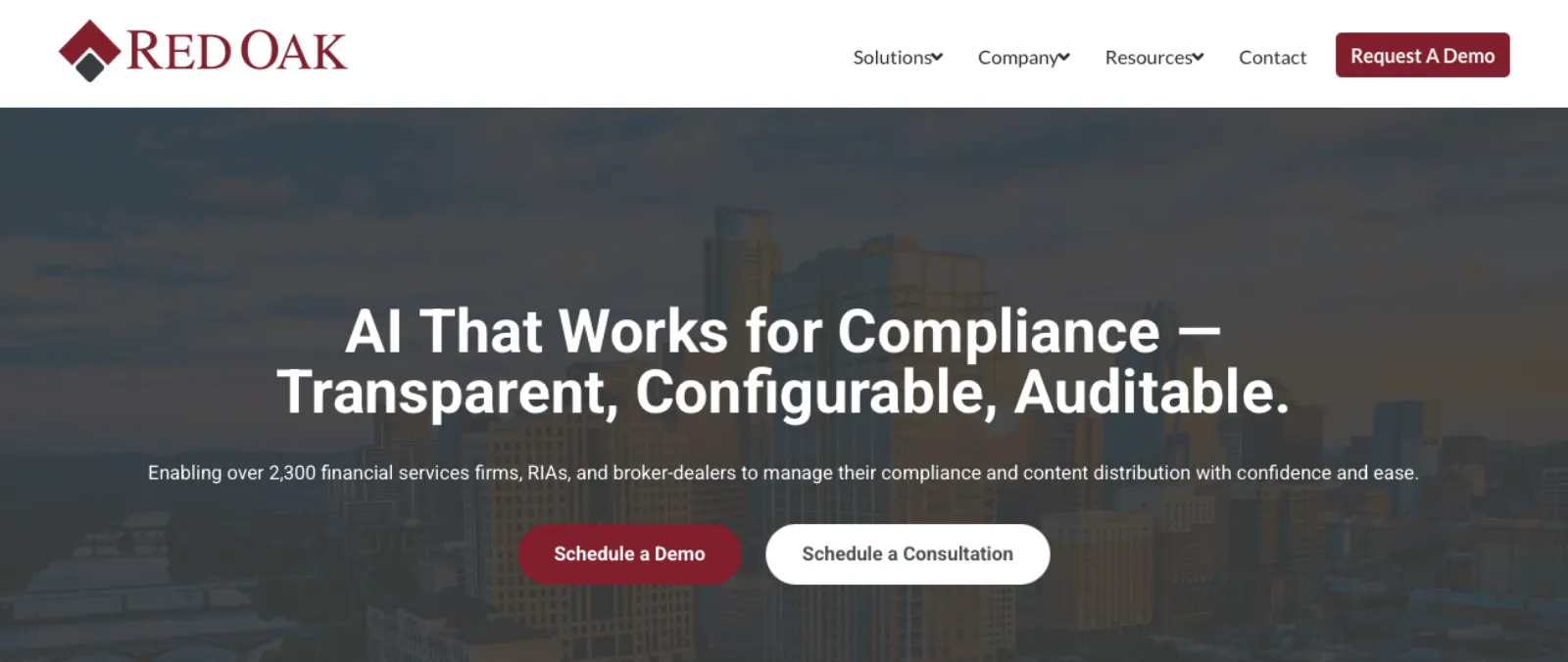 Red Oak Compliance homepage with cityscape background promoting AI-powered compliance tools