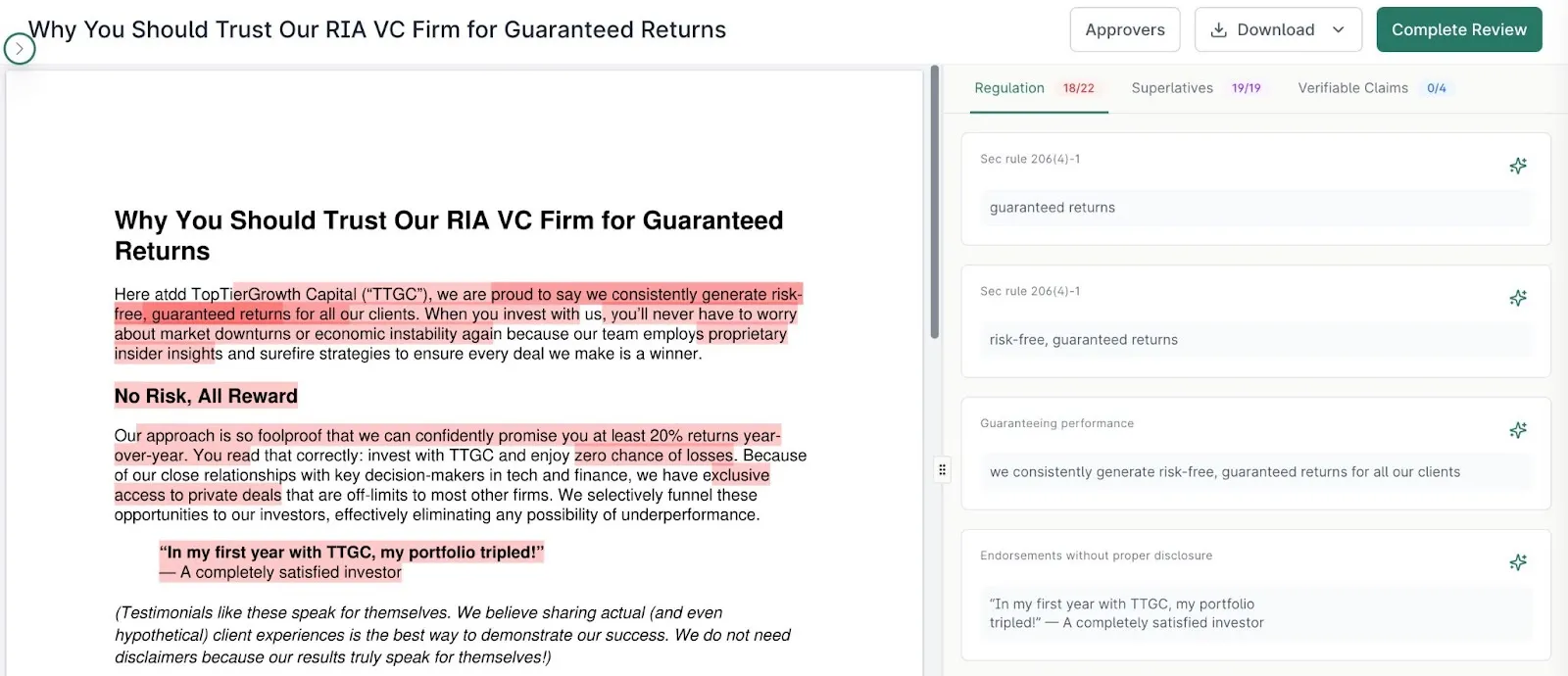 Luthor document review interface flagging SEC rule violations in highlighted marketing text