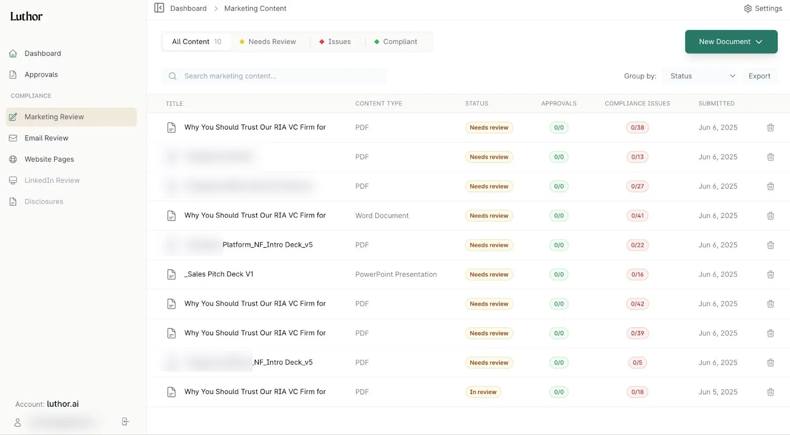 Luthor marketing content review dashboard listing documents with compliance issue counts and statuses