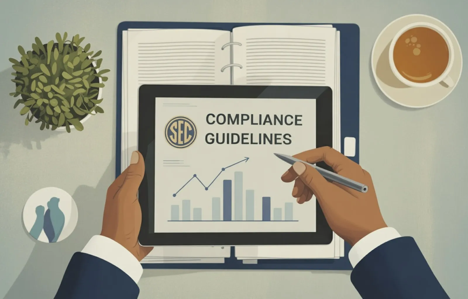 Hands holding a tablet showing SEC compliance guidelines with bar charts on a desk