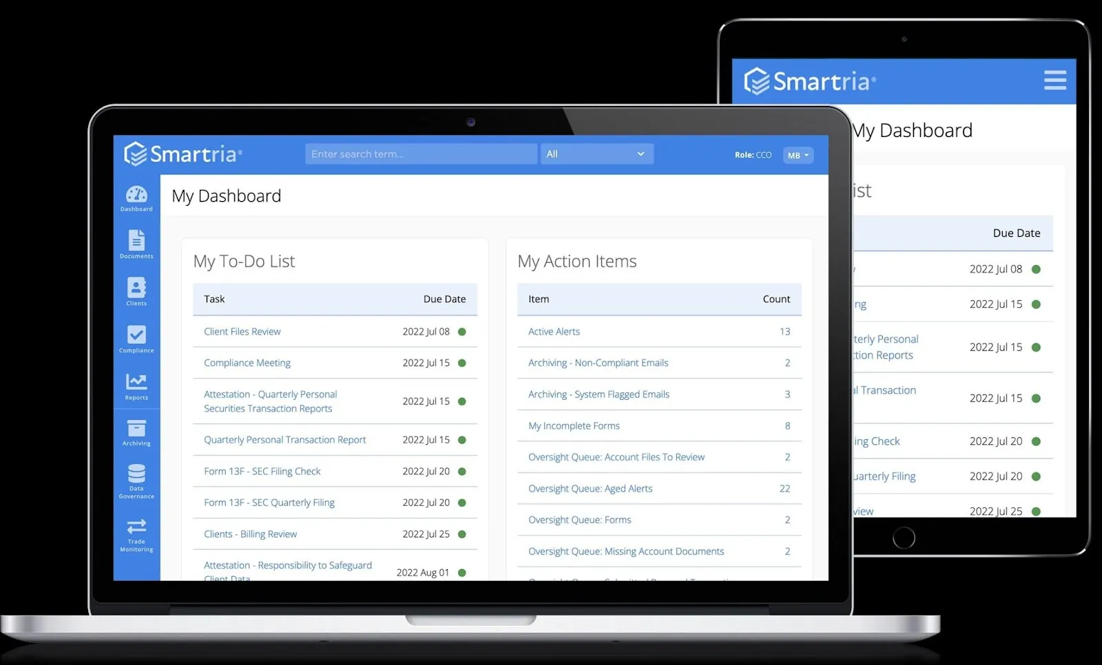 Smartria CCO dashboard on laptop and tablet showing to-do list and action items for compliance tasks
