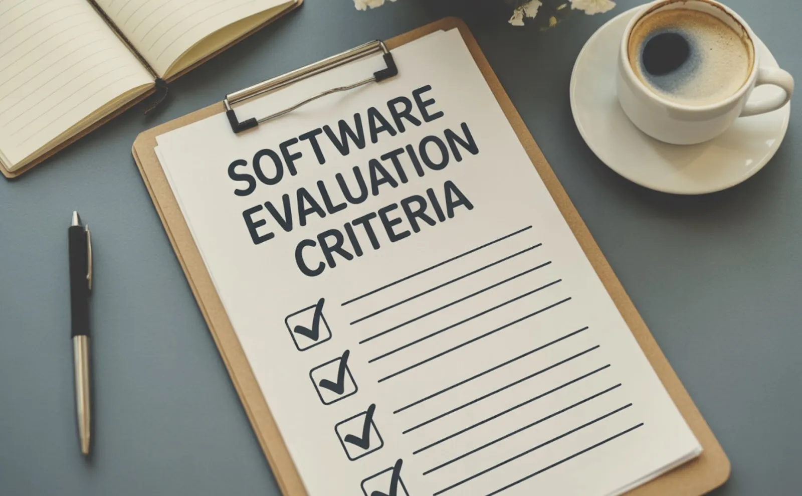 Clipboard with software evaluation criteria checklist on a desk beside coffee and notebook