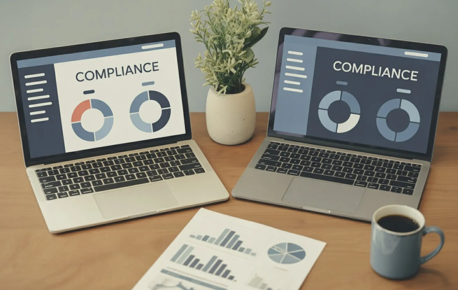 Two laptops on a desk displaying compliance dashboards with donut charts and bar graphs