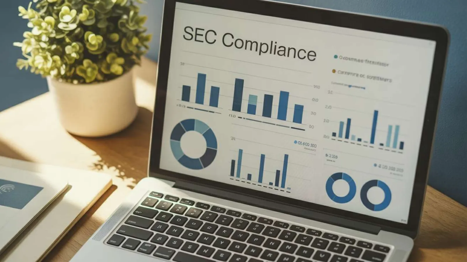 Laptop showing an SEC Compliance dashboard with bar charts, pie charts, and donut graphs