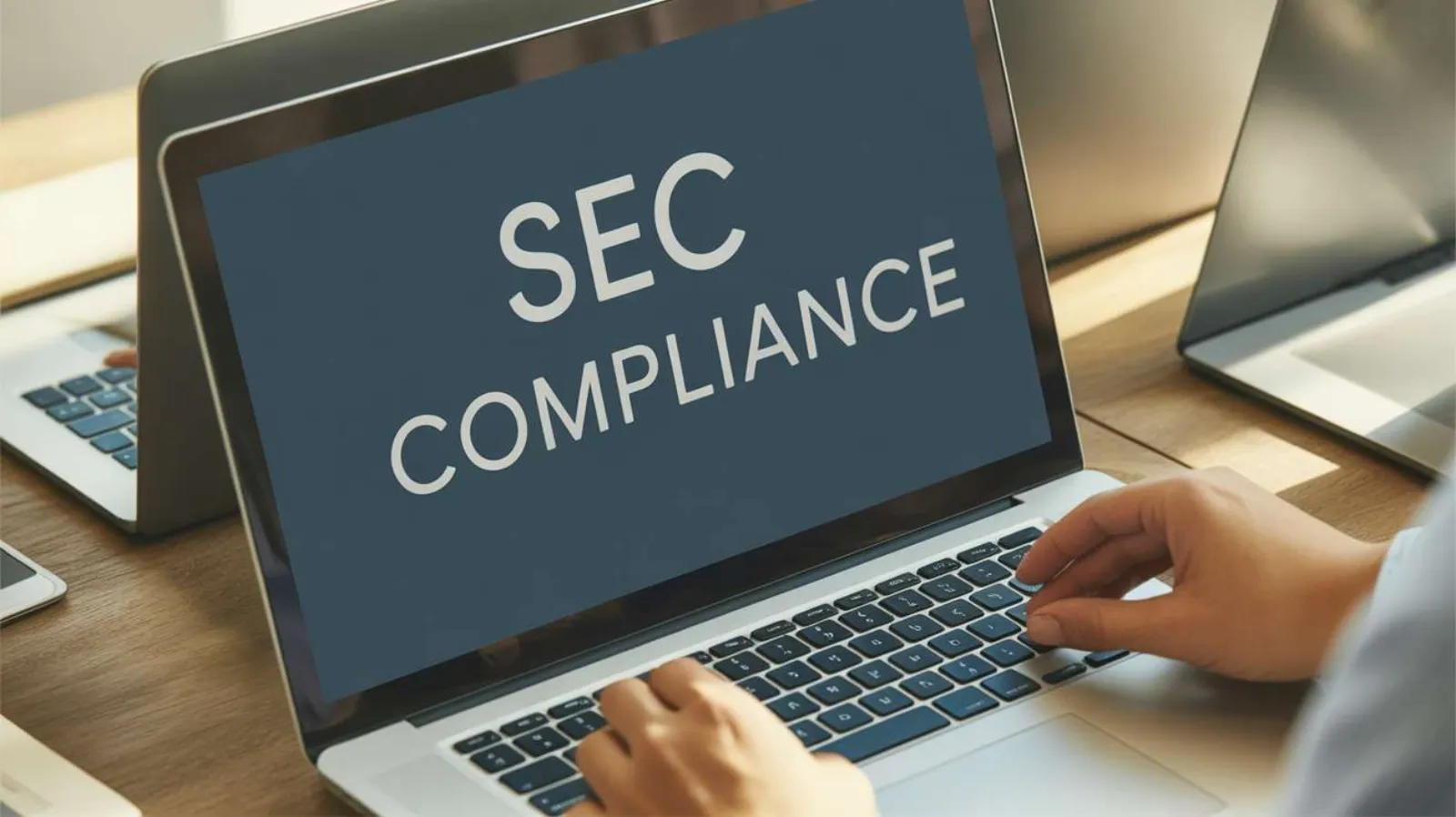 Person typing on a laptop displaying SEC Compliance in large text on screen