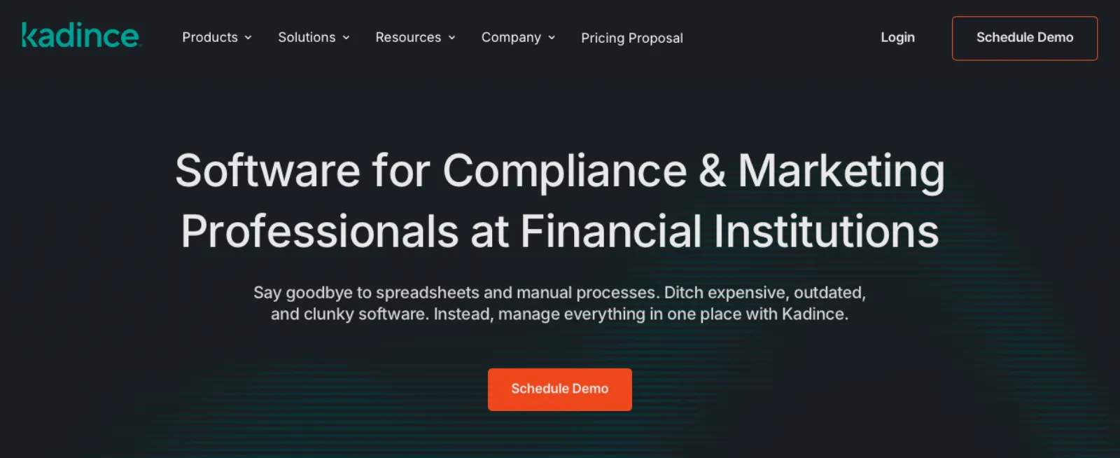 Kadince homepage for compliance and marketing software at financial institutions