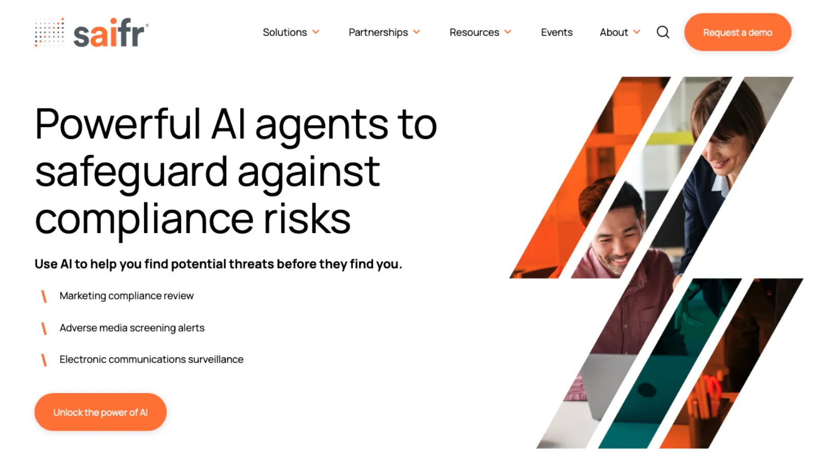 Saifr homepage featuring AI agents for marketing compliance review and communications surveillance