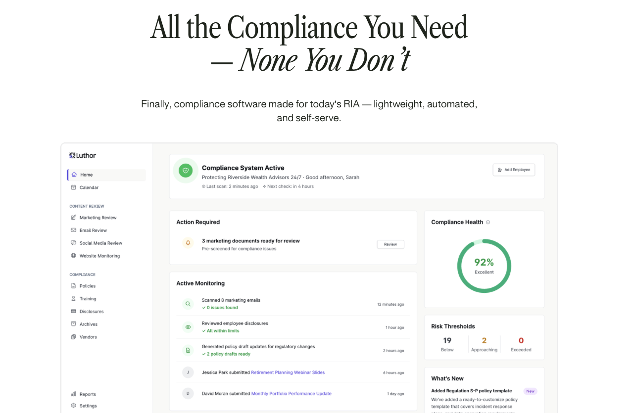 Luthor compliance dashboard showing 92% health score, active monitoring feed, and risk thresholds