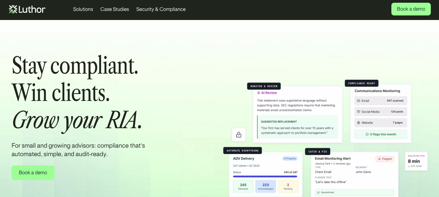 Luthor platform homepage showing AI review, communications monitoring, and ADV delivery features