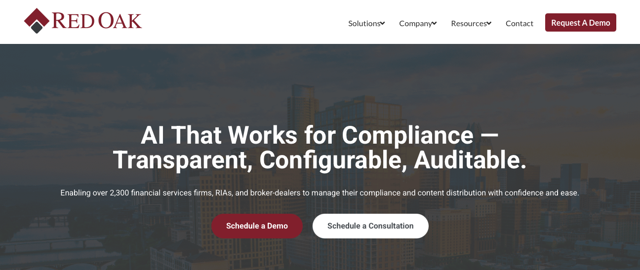 Red Oak Compliance homepage with city skyline showing AI-powered content review for financial firms